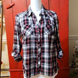 Westport Plaid button down shirt - Black & white w/pink - Juniors large
